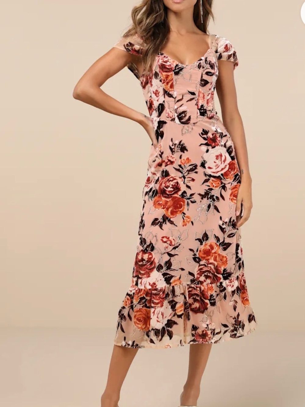 Lulu's Blush Pink Floral Velvet Midi Dress